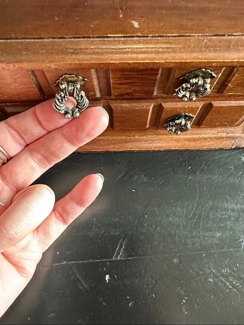 Classic Wooden Jewelry Organizer in Brown with Ornate Metal Pulls